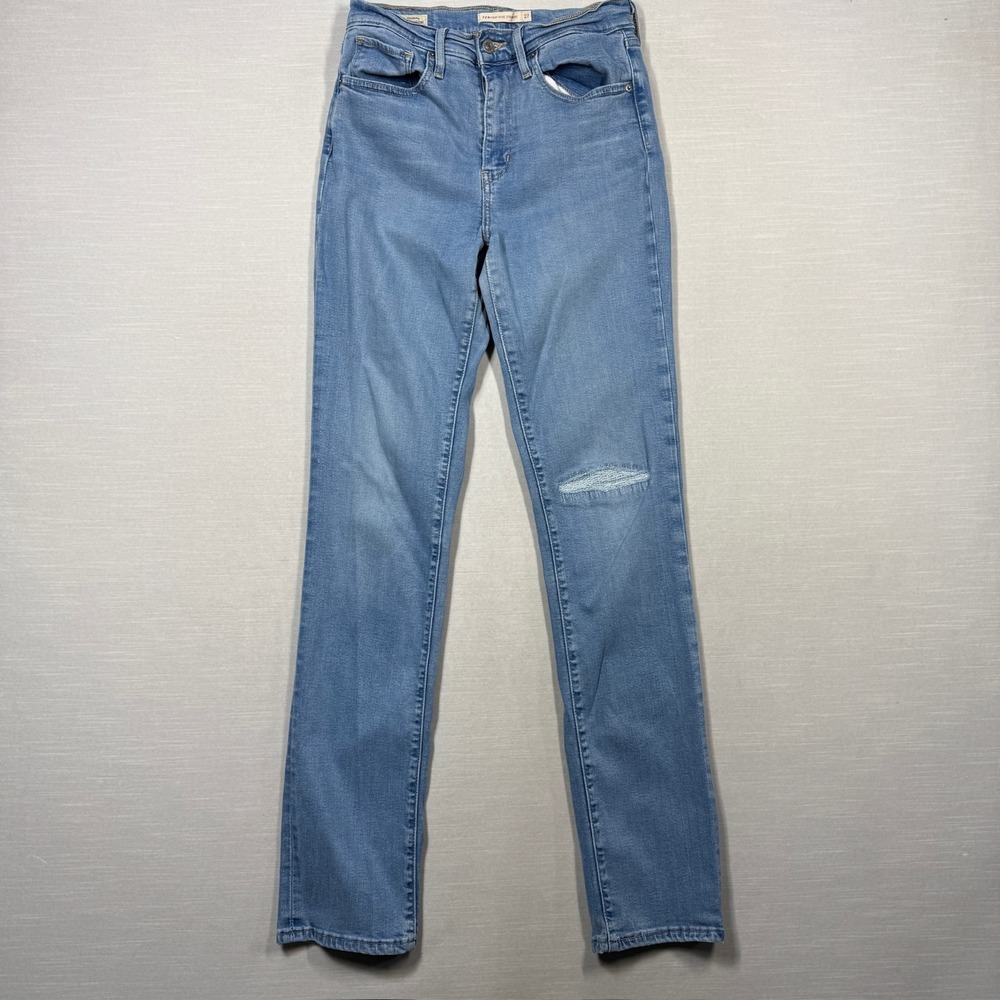 Levi's Premium‎ 724 High Rise Straight Jeans 27 X 32 Blue Light Stretch Distress